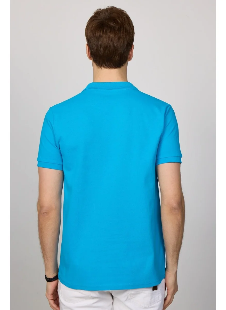 تودورس Men's Slim Fit Narrow Cut Cotton Plain Pique Blue Polo Collar T-Shirt
