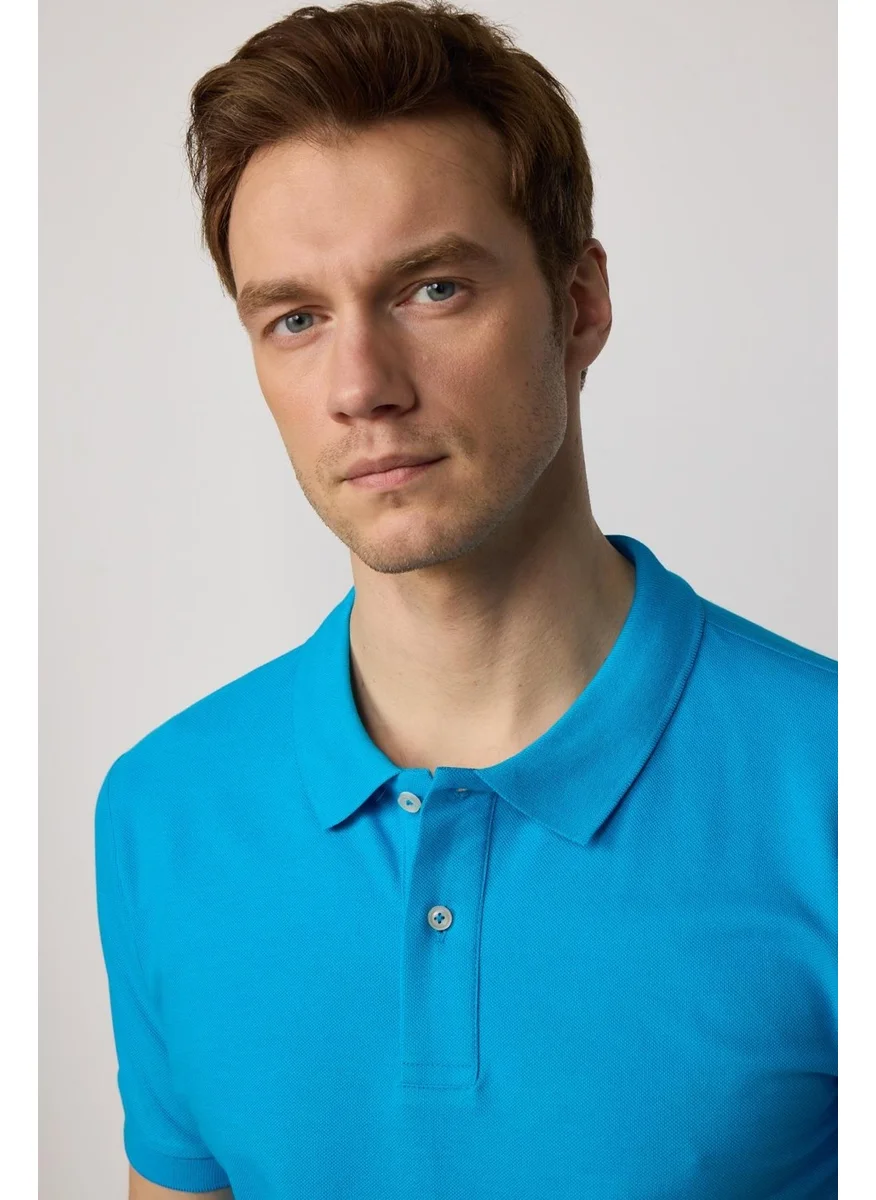 تودورس Men's Slim Fit Narrow Cut Cotton Plain Pique Blue Polo Collar T-Shirt