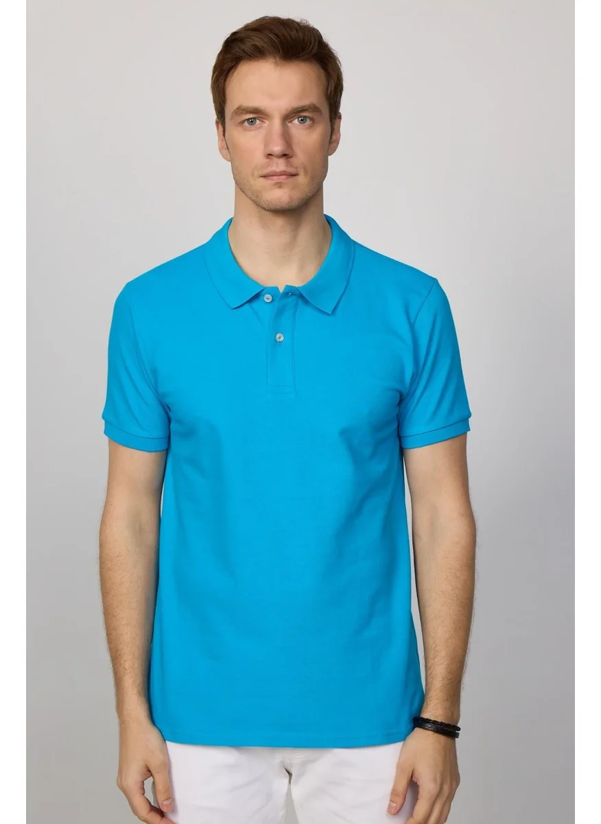 تودورس Men's Slim Fit Narrow Cut Cotton Plain Pique Blue Polo Collar T-Shirt