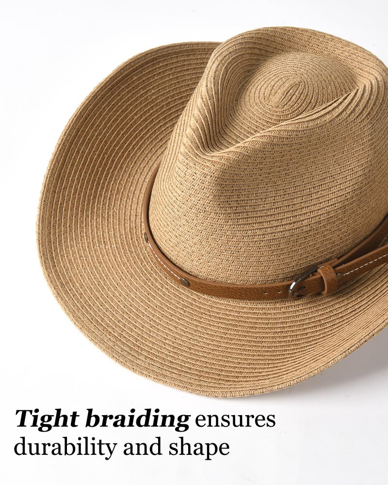 FURTALK Straw Cowboy Sun Hats for Women Men Western Cowgirl Hats with Wind Lanyard UPF 80+ Beach Hat Khaki - Image 2