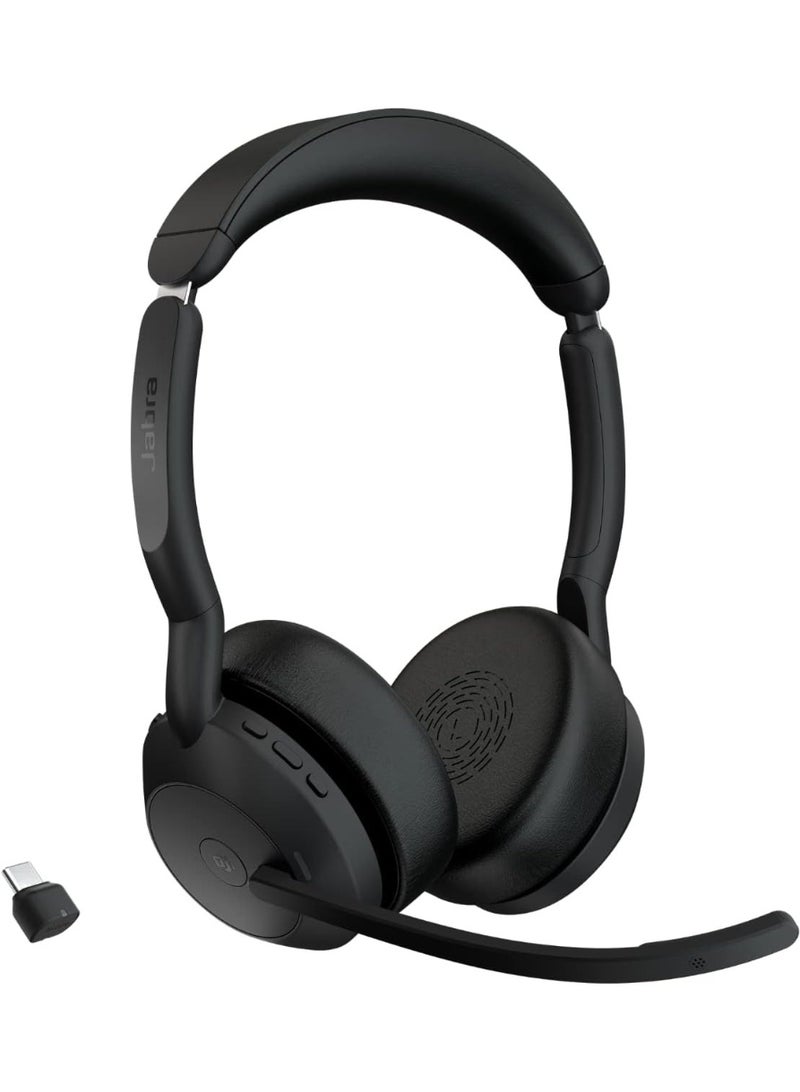 جابرا سماعة رأس بلوتوث ستيريو لاسلكية Evolve2 55 MS مع محول USB-C Link 380c، إلغاء الضوضاء النشط (ANC)، مكبرات صوت 28 مم، تقنية مكالمات 4 ميكروفونات، حتى 18 ساعة من عمر البطارية، ضوء مشغول، بلوتوث 5.2، حزام رأس فوق الأذن، معتمد من مايكروسوفت تيمز، أسود | 25599-999-899 - Image 1