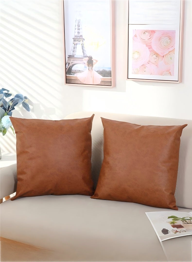 JUNYOUK Set of 4 Throw Pillow Covers, PU leather Pillow Cases, Decorative Modern Pillow Cushion Case for Couch Bedroom Living Room (Brow, 18 x 18 Inch) - Image 2