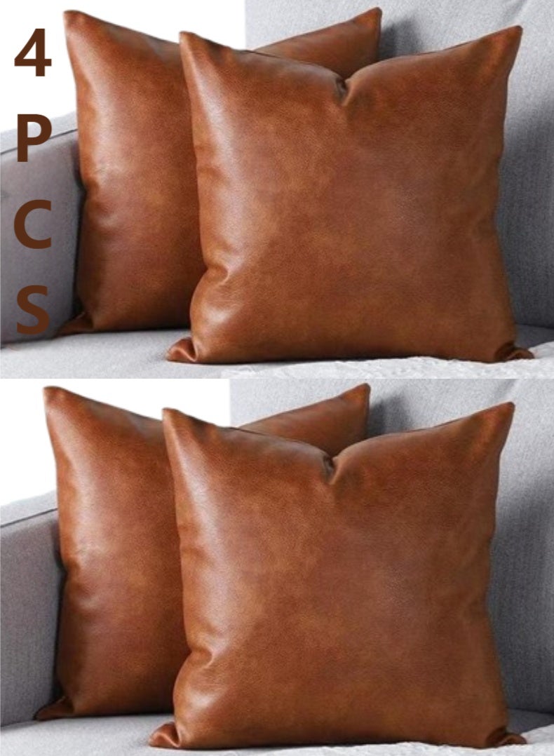 JUNYOUK Set of 4 Throw Pillow Covers, PU leather Pillow Cases, Decorative Modern Pillow Cushion Case for Couch Bedroom Living Room (Brow, 18 x 18 Inch) - Image 1