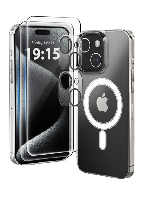 ELTRAZONE Designed for iPhone 13 Case, [Clear] 5 in 1 [Non Yellowing] Case with 2X Tempered Glass Screen and 2X Camera Lens Protectors, Shockproof and Air-Guard Corners (Clear MagSafe)