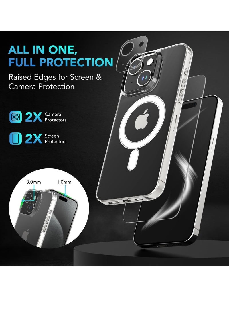 ELTRAZONE Designed for iPhone 13 Case, [Clear] 5 in 1 [Non Yellowing] Case with 2X Tempered Glass Screen and 2X Camera Lens Protectors, Shockproof and Air-Guard Corners (Clear MagSafe)