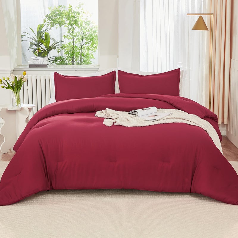 Litanika Litanika Burgundy Red Comforter Set Queen Size  3 Pieces Lightweight Solid Bedding Comforter Set  All Season Fluffy Bed Set (90x90In Comforter & 2 Pillowcases)  - Image 4