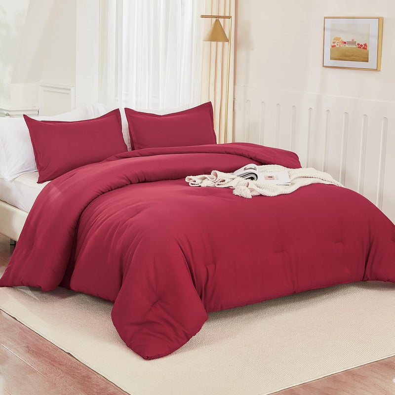 Litanika Litanika Burgundy Red Comforter Set Queen Size  3 Pieces Lightweight Solid Bedding Comforter Set  All Season Fluffy Bed Set (90x90In Comforter & 2 Pillowcases)  - Image 3