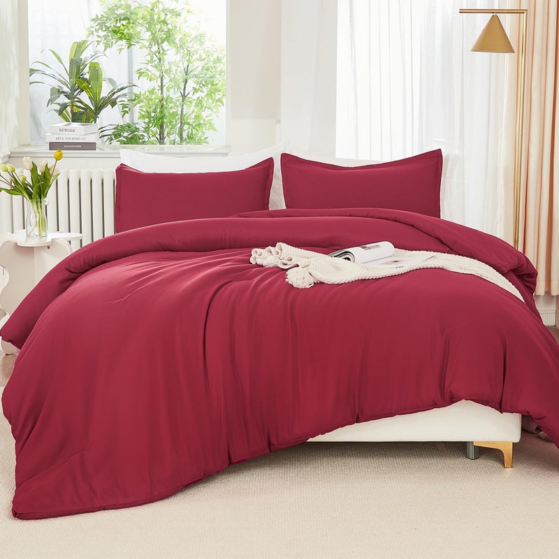 Litanika Litanika Burgundy Red Comforter Set Queen Size  3 Pieces Lightweight Solid Bedding Comforter Set  All Season Fluffy Bed Set (90x90In Comforter & 2 Pillowcases)  - Image 1