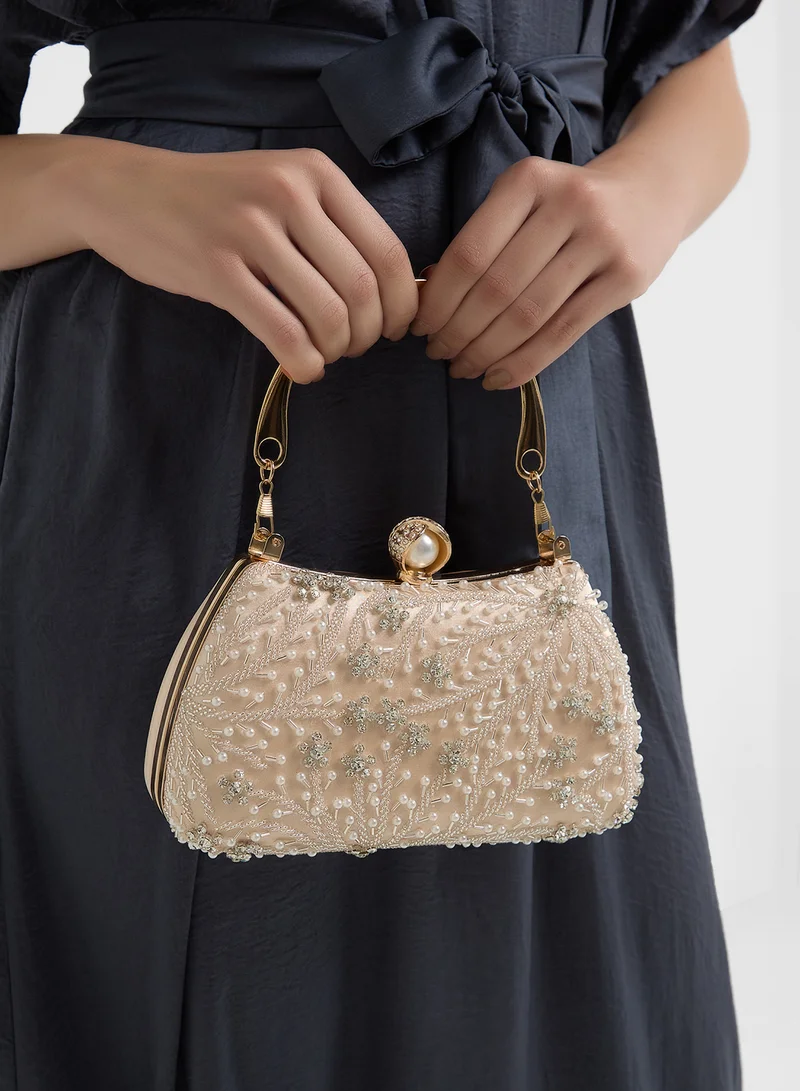 Khizana Metal Handle Diamante Floral Clutch Bag