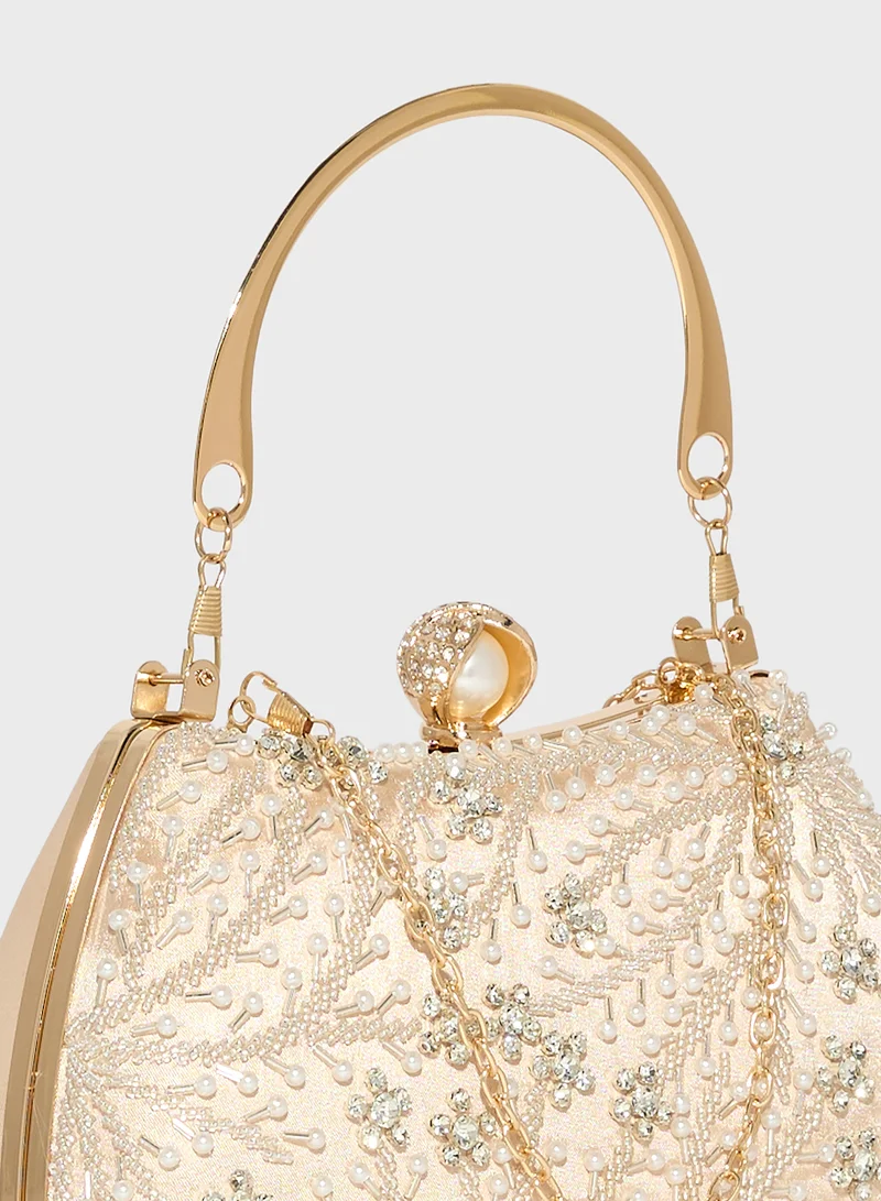 Khizana Metal Handle Diamante Floral Clutch Bag