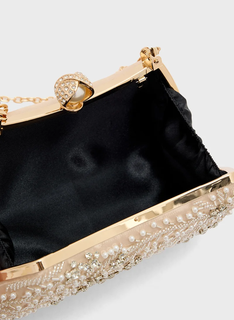 Khizana Metal Handle Diamante Floral Clutch Bag