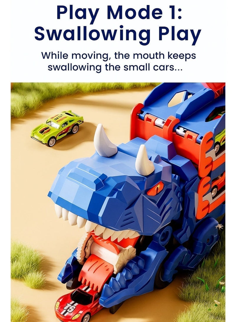 سيارة لعبة شاحنة نقل الديناصورات، عربة قطار منجنيق مع 12 سيارة سباق صغيرة مصبوبة، مسار سباق قابل للتحويل وتخزين للبلع، هدية للأطفال من سن 3 إلى 7 سنوات - Image 2