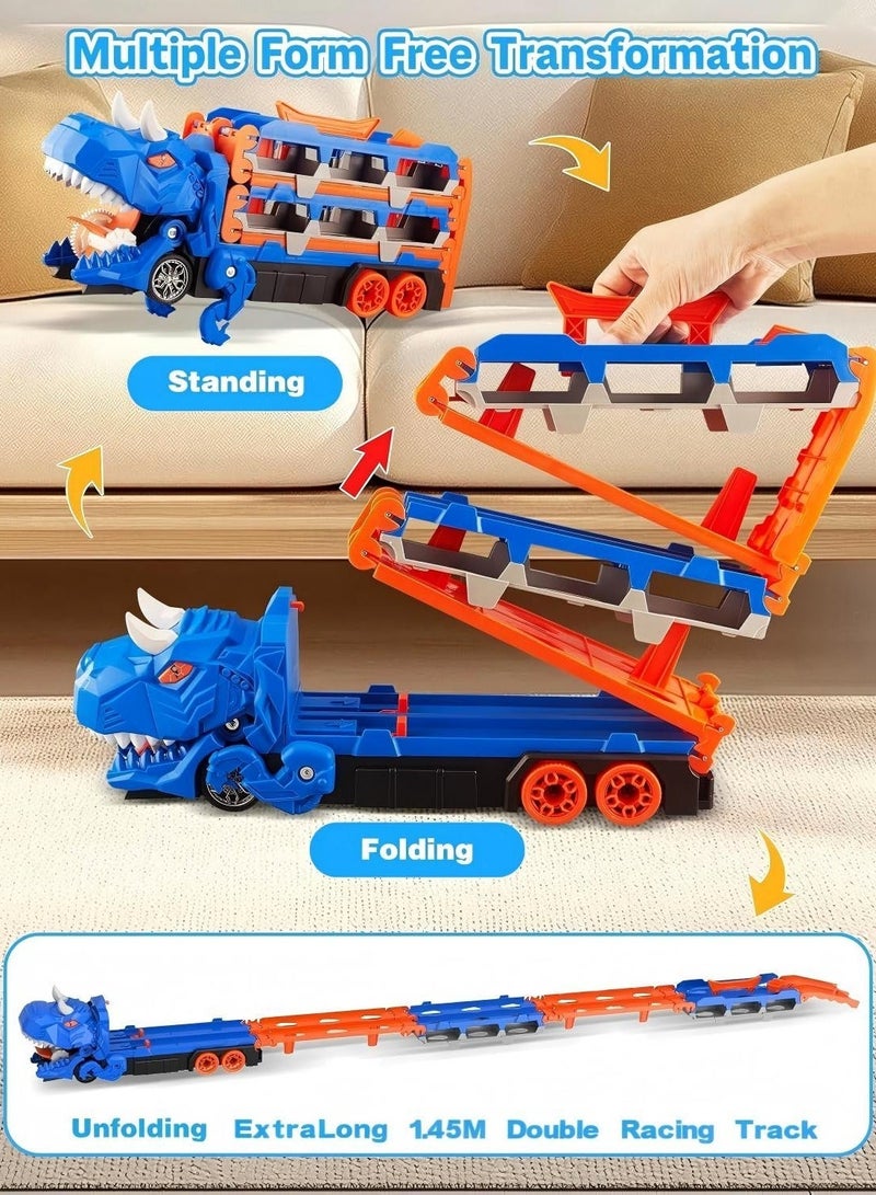 سيارة لعبة شاحنة نقل الديناصورات، عربة قطار منجنيق مع 12 سيارة سباق صغيرة مصبوبة، مسار سباق قابل للتحويل وتخزين للبلع، هدية للأطفال من سن 3 إلى 7 سنوات - Image 5