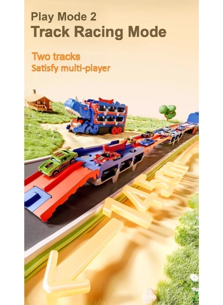 سيارة لعبة شاحنة نقل الديناصورات، عربة قطار منجنيق مع 12 سيارة سباق صغيرة مصبوبة، مسار سباق قابل للتحويل وتخزين للبلع، هدية للأطفال من سن 3 إلى 7 سنوات - Image 4