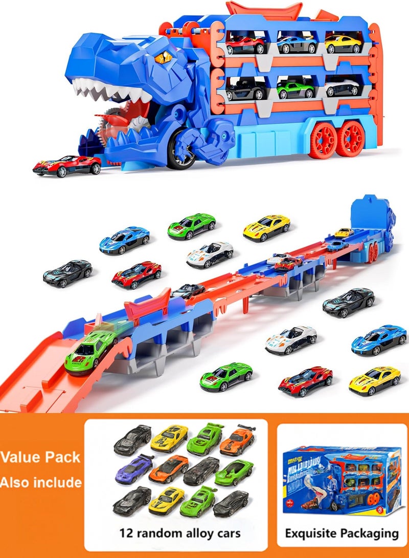 سيارة لعبة شاحنة نقل الديناصورات، عربة قطار منجنيق مع 12 سيارة سباق صغيرة مصبوبة، مسار سباق قابل للتحويل وتخزين للبلع، هدية للأطفال من سن 3 إلى 7 سنوات - Image 1