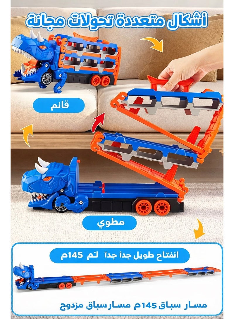 لعبة شاحنة ديناصور 13 في 1، شاحنة نقل/حامل سيارات مع 12 سيارة سباق معدنية، مسار سباق قابل للطي، مجموعة لعبة مسار، شاحنة مسار قابلة للتحويل مع تخزين، للأطفال 3+ - Image 5
