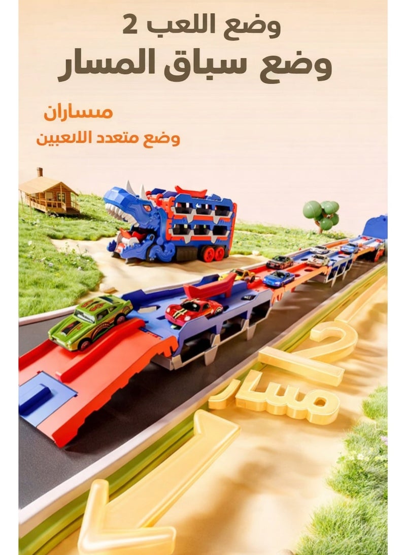 لعبة شاحنة ديناصور 13 في 1، شاحنة نقل/حامل سيارات مع 12 سيارة سباق معدنية، مسار سباق قابل للطي، مجموعة لعبة مسار، شاحنة مسار قابلة للتحويل مع تخزين، للأطفال 3+ - Image 4