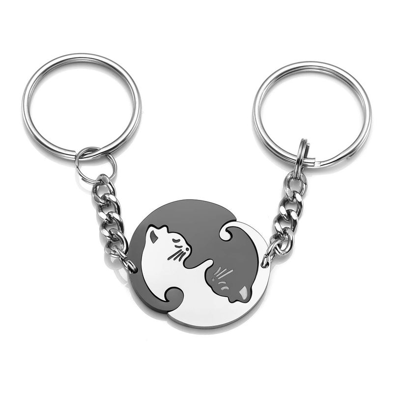 Jovivi 2pcs Stainless Steel Couples Keychains Black White Cat Puzzle Piece Matching Couple Keychain Set Yin Yang Matching Puzzle Keychain His & Her Lover Gift - Image 1