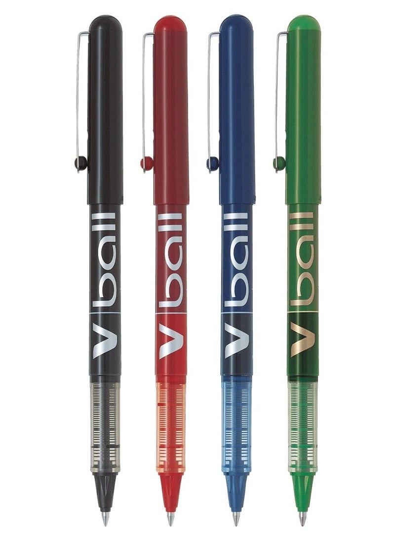 PILOT Pilot V-Ball 0.5mm Liquid Ink Pen Set of 4 Pens- BL-VB5 Black/Blue/Red/Green - Image 1