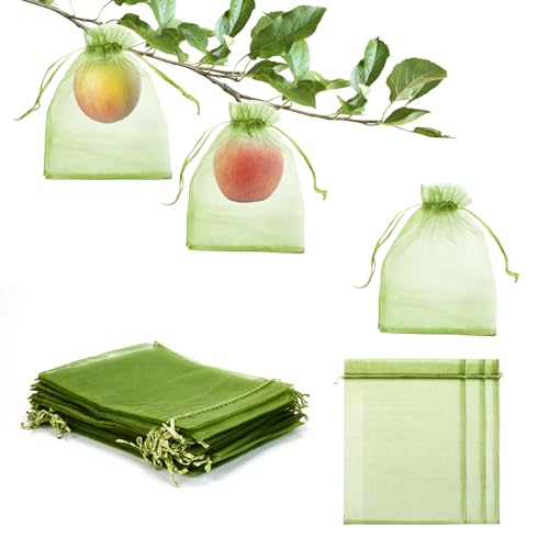FloraSea 50 PCS 6X9 inches Fruit Protection Bags, Fruit Bags for Fruit Trees, Green Netting Fruit Cover Bags Drawstring Mesh Fruit Protectors Pest Barrier for Fruit Trees Veggies Garden - Image 1