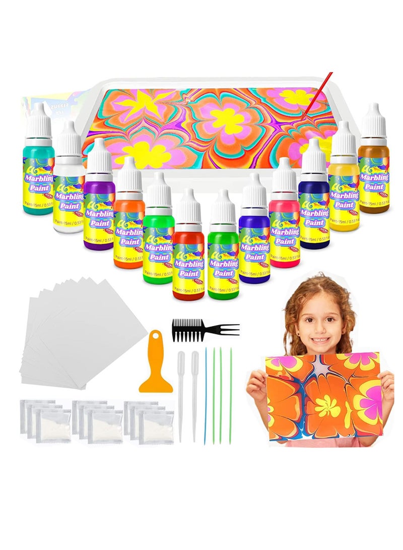 Premify Marbling Paint Arts and Crafts Kit, 12 Colors 10ml Each, Marble Painting Kit with Tray & Water Painting Paper Set, Drawing Art Games Gift for Kids Activities (Girls & Boys) - Image 1