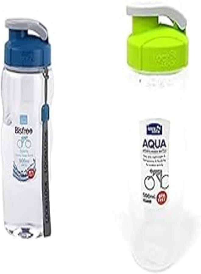 زجاجة مياه Lock & Lock سعة 500 مل، زرقاء/شفافة + زجاجة رياضية سهلة الاستخدام من Lock & Lock، سعة 500 مل - خضراء HPP727G