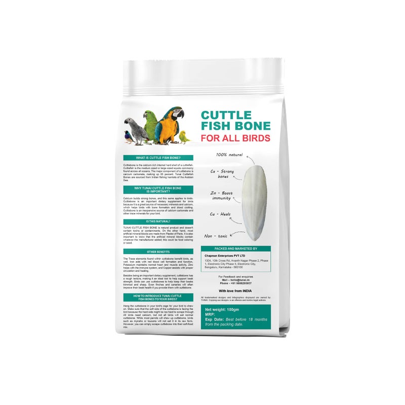 TUNAI عظام سمك الحبار من توناي للببغاوات، طيور الحب وجميع الطيور الأخرى (عظام سمك الحبار مع حامل، 100 جرام)، لجميع مراحل الحياة - Image 5