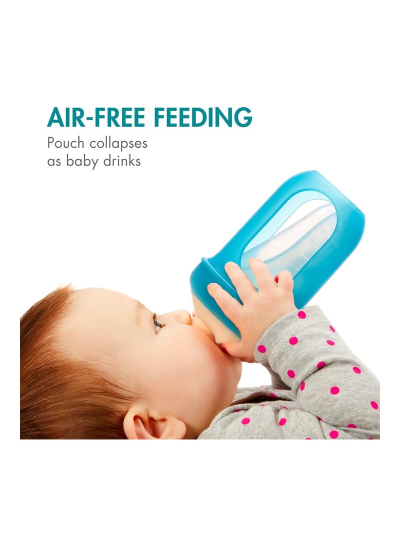 BOON B11225 Reusable Silicone Pouch, Air-Free Feeding, 8 Ounce With Stage 2 Nursh Baby Bottles, 3 Count (Pack Of 1), Blue - Image 2