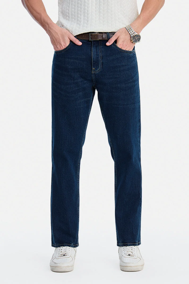 سنيتش Dark Blue Solid Straight Fit Casual Jeans