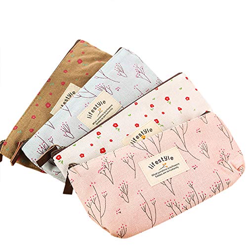 AKIRO Pencil Case, Cute Floral Flower Canvas Zipper Pencil Cases Lovely Fabric Flower Tree Pen Bags Supplies 4 Pcs - Image 1
