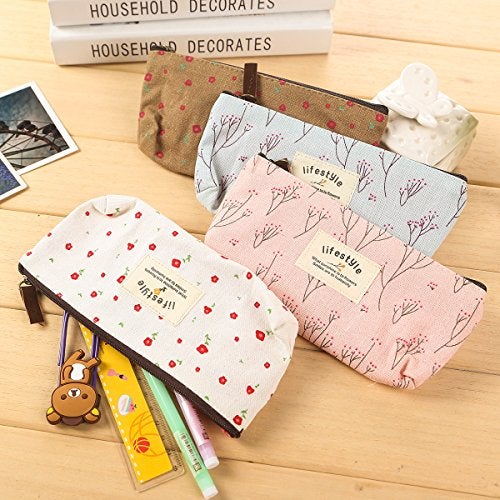 AKIRO Pencil Case, Cute Floral Flower Canvas Zipper Pencil Cases Lovely Fabric Flower Tree Pen Bags Supplies 4 Pcs - Image 2