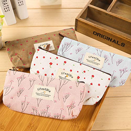 AKIRO Pencil Case, Cute Floral Flower Canvas Zipper Pencil Cases Lovely Fabric Flower Tree Pen Bags Supplies 4 Pcs - Image 3