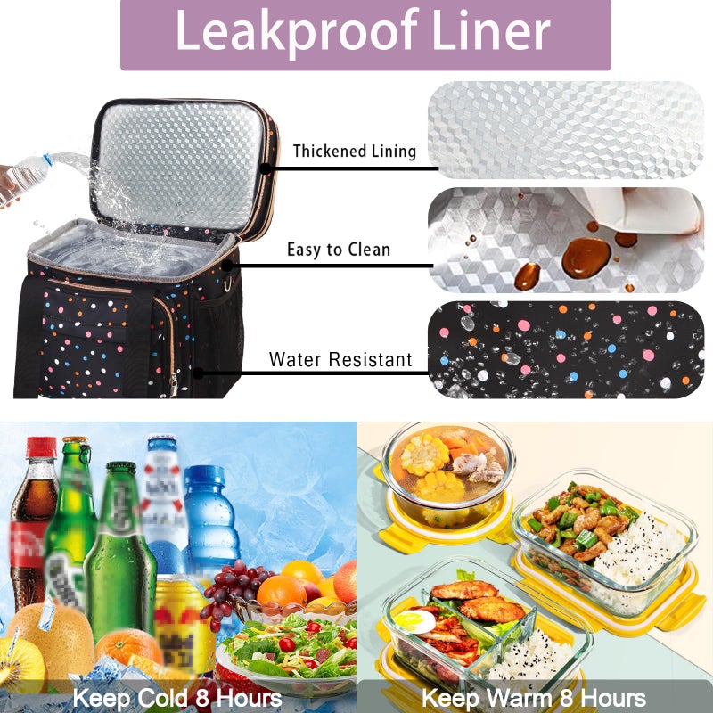 GLENKEY Versatile Lunch Box Cooler Bag - Expandable Insulated Lunch Bag Tote for Women - Large Lunchbox for Adults Work Office Outside Trips Polka Dots 16L - Image 4