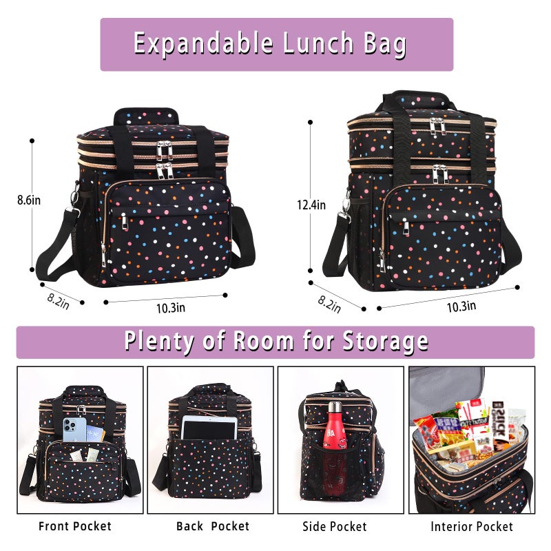 GLENKEY Versatile Lunch Box Cooler Bag - Expandable Insulated Lunch Bag Tote for Women - Large Lunchbox for Adults Work Office Outside Trips Polka Dots 16L - Image 3