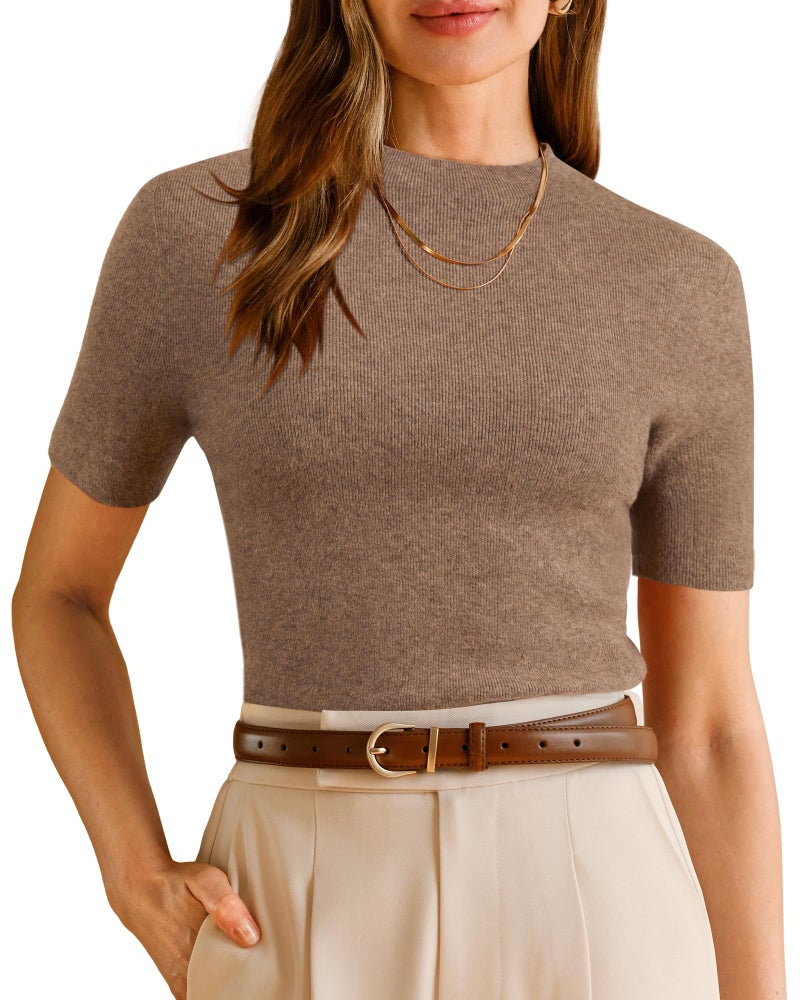 Arach&Cloz Women's 2026 Wool Blend Summer Spring Seamless Short Sleeve Ribbed Knit Tops Mock Neck Lightweight Slim Fit Shirts Work Business Casual Outfits Trendy Sweater Pullover Basic Tees Coffee M - Image 1