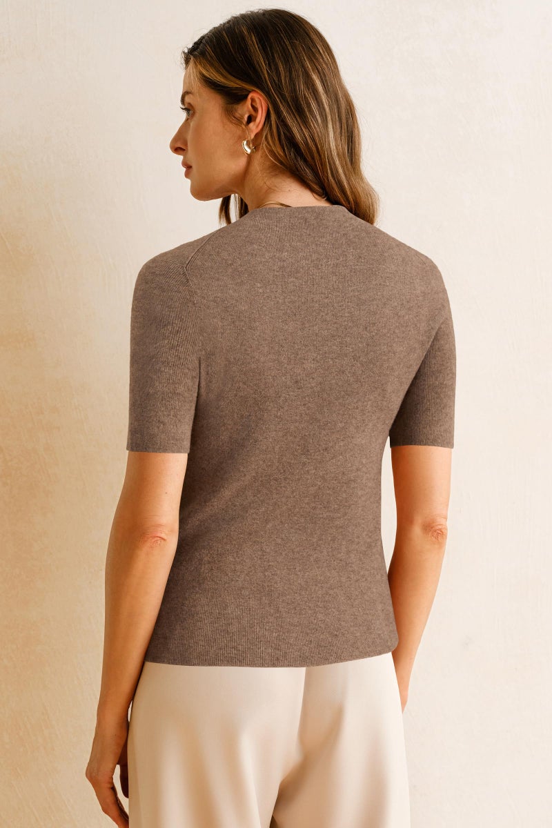 Arach&Cloz Women's 2026 Wool Blend Summer Spring Seamless Short Sleeve Ribbed Knit Tops Mock Neck Lightweight Slim Fit Shirts Work Business Casual Outfits Trendy Sweater Pullover Basic Tees Coffee M - Image 4