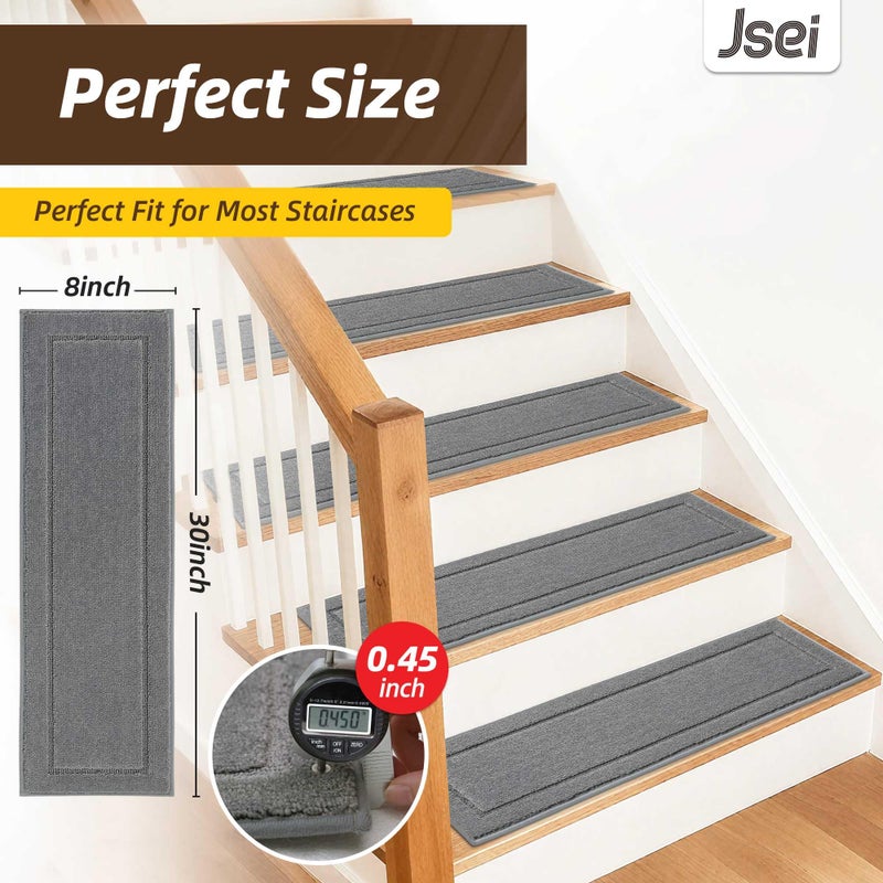 JSEI Non-Slip Stair Treads for Wooden Steps Indoor, 15 Pack 8" X 30" Edging Stair Rugs with TPE Backing, Carpet Stair Treads for Kids Elders & Pets, 100% Polyester Soft Stair Runners, Light Grey - Image 2