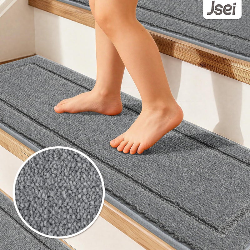 JSEI Non-Slip Stair Treads for Wooden Steps Indoor, 15 Pack 8" X 30" Edging Stair Rugs with TPE Backing, Carpet Stair Treads for Kids Elders & Pets, 100% Polyester Soft Stair Runners, Light Grey - Image 3