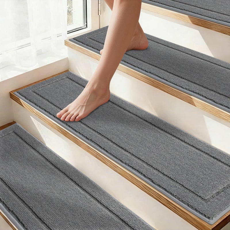 JSEI Non-Slip Stair Treads for Wooden Steps Indoor, 15 Pack 8" X 30" Edging Stair Rugs with TPE Backing, Carpet Stair Treads for Kids Elders & Pets, 100% Polyester Soft Stair Runners, Light Grey - Image 1