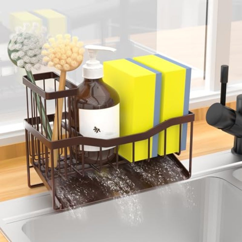 Sink Caddy Sponge Holder for Kitchen with Brush Holder and Stainless Steel Self Drain Tray, Rustproof Kitchen Sink Organizer for Sponge, Soap Dispenser Storage Accessories