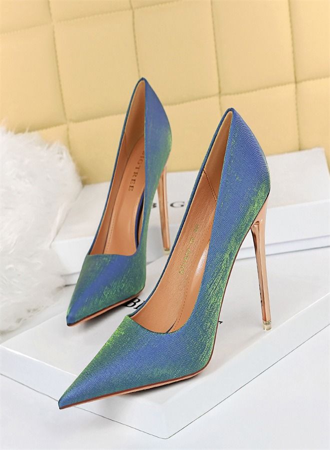 BIGTREE Satin Shallow Cut Pointed High Heel 10.5CM Blue 