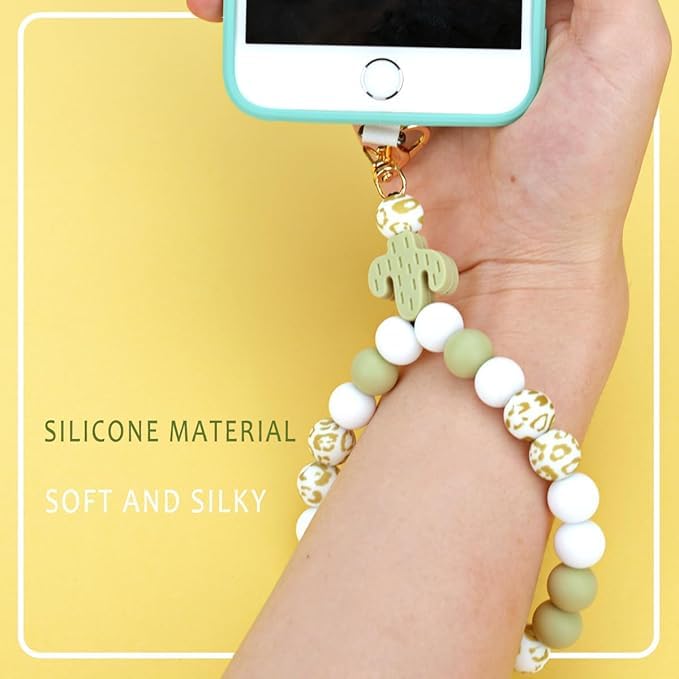 KHOLAD Marble Silicone Beaded Phone Wrist Strap, Cellphone Lanyard with Tether Tab, Elastic Hands-Free Wristlet Bracelet (Cactus) - Image 2