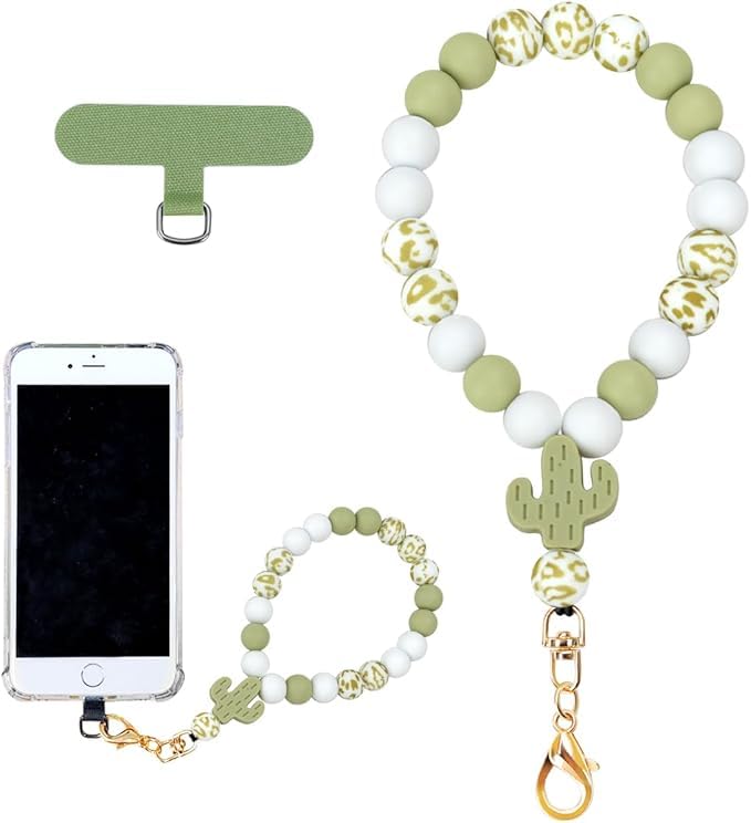 KHOLAD Marble Silicone Beaded Phone Wrist Strap, Cellphone Lanyard with Tether Tab, Elastic Hands-Free Wristlet Bracelet (Cactus) - Image 1