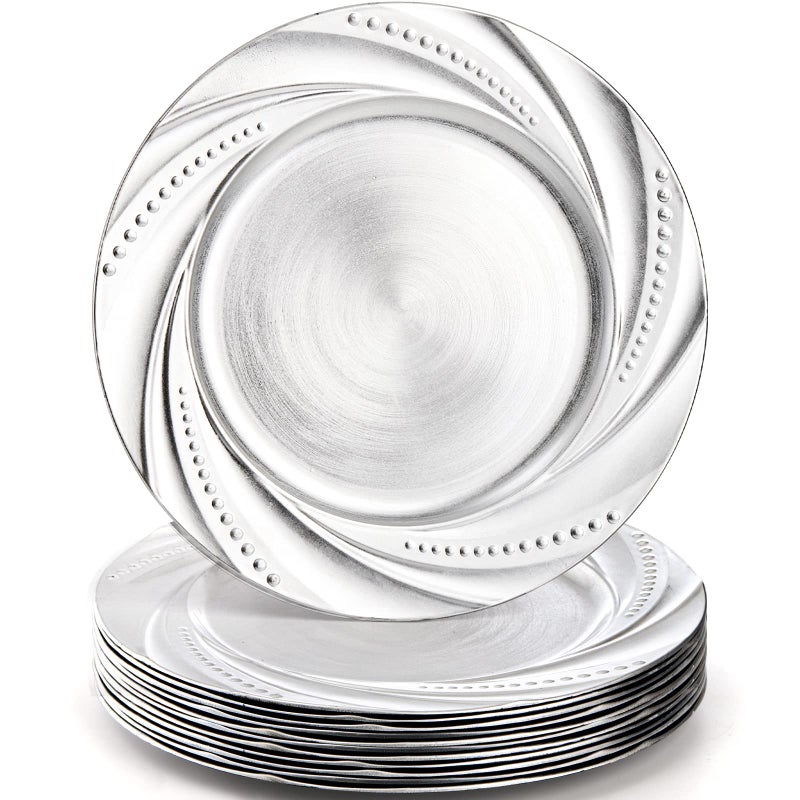 ZENFUN 12 Pack Plastic Silver Charger Plate 13 Round Chargers Plate Decorative Dinner Chargers Embossed Charger sServing Plates for Wedding Catering Event Tabletop Decor