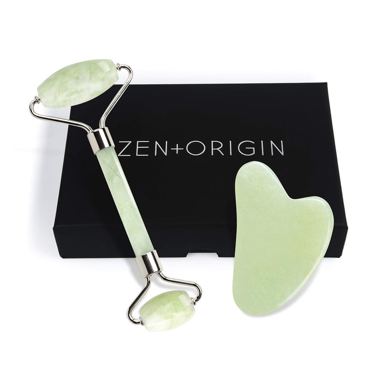 ZEN + ORIGIN Jade Roller and Gua Sha Set - 100% Natural Jade Stone Face Roller, Dual Sided Massage Roller Stimulates Blood Flow, Relieves Stress, Reduces Signs of Aging, Travel Pouch Included, Gift Box - Image 1