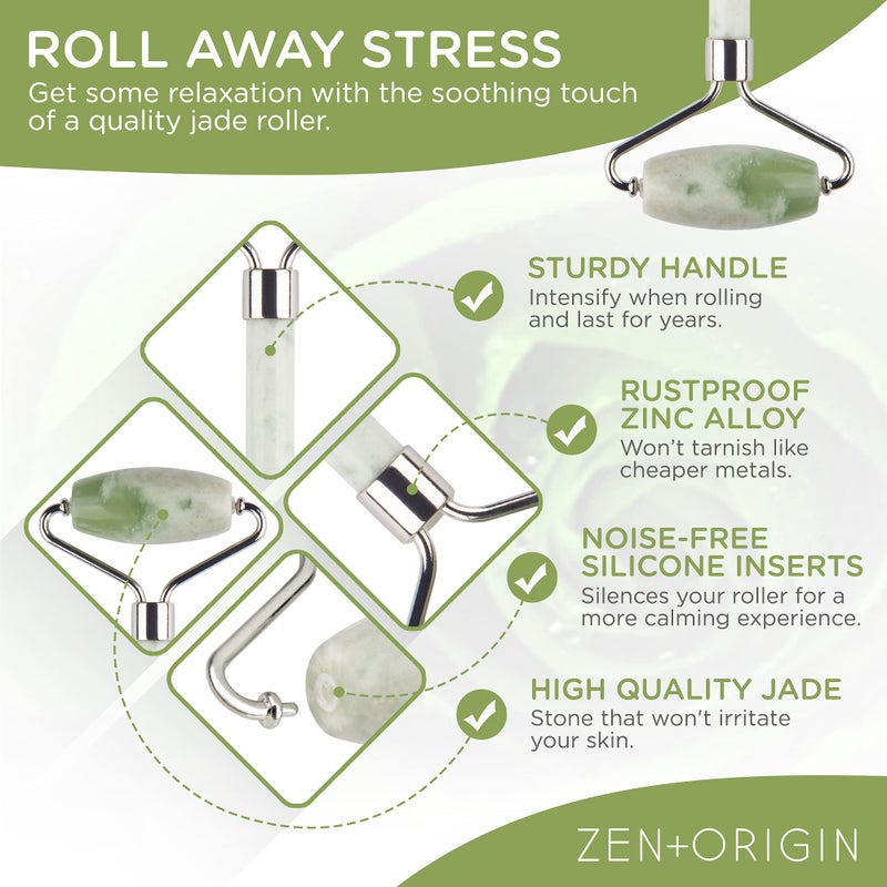 ZEN + ORIGIN Jade Roller and Gua Sha Set - 100% Natural Jade Stone Face Roller, Dual Sided Massage Roller Stimulates Blood Flow, Relieves Stress, Reduces Signs of Aging, Travel Pouch Included, Gift Box - Image 2