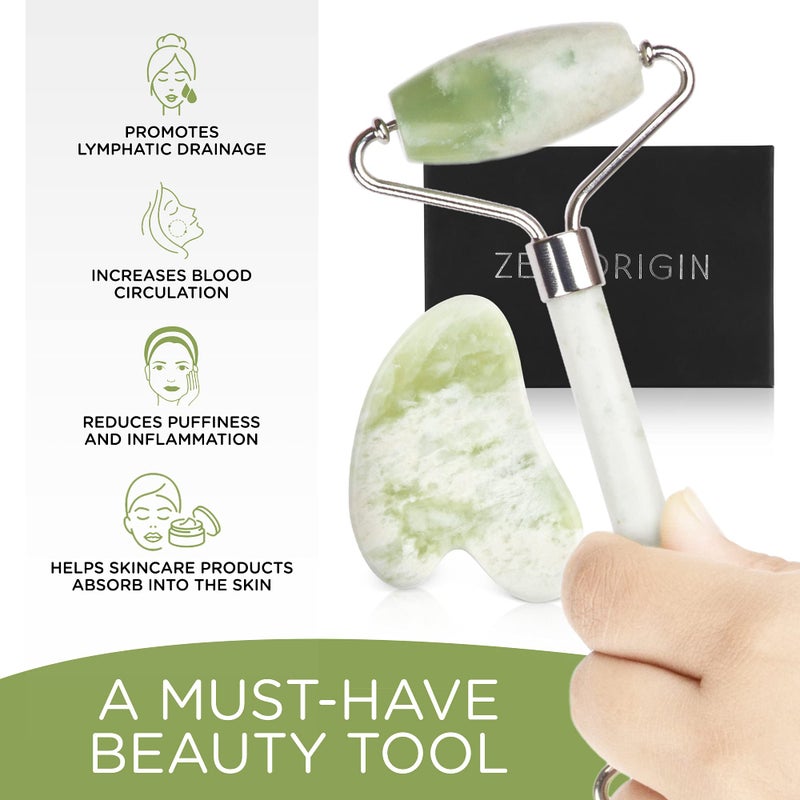 ZEN + ORIGIN Jade Roller and Gua Sha Set - 100% Natural Jade Stone Face Roller, Dual Sided Massage Roller Stimulates Blood Flow, Relieves Stress, Reduces Signs of Aging, Travel Pouch Included, Gift Box - Image 4