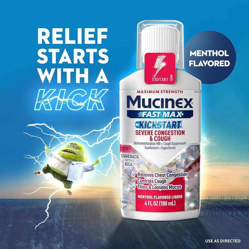 MUCINEX سائل كحة فاست ماكس كيكستارت للاحتقان الشديد بتركيز قوي دكستروميثورفان HBr لدواء الكحة للبالغين جوايفينيسين لتخفيف المخاط الزائد بنكهة المنثول 6 أونصات سائلة - Image 3