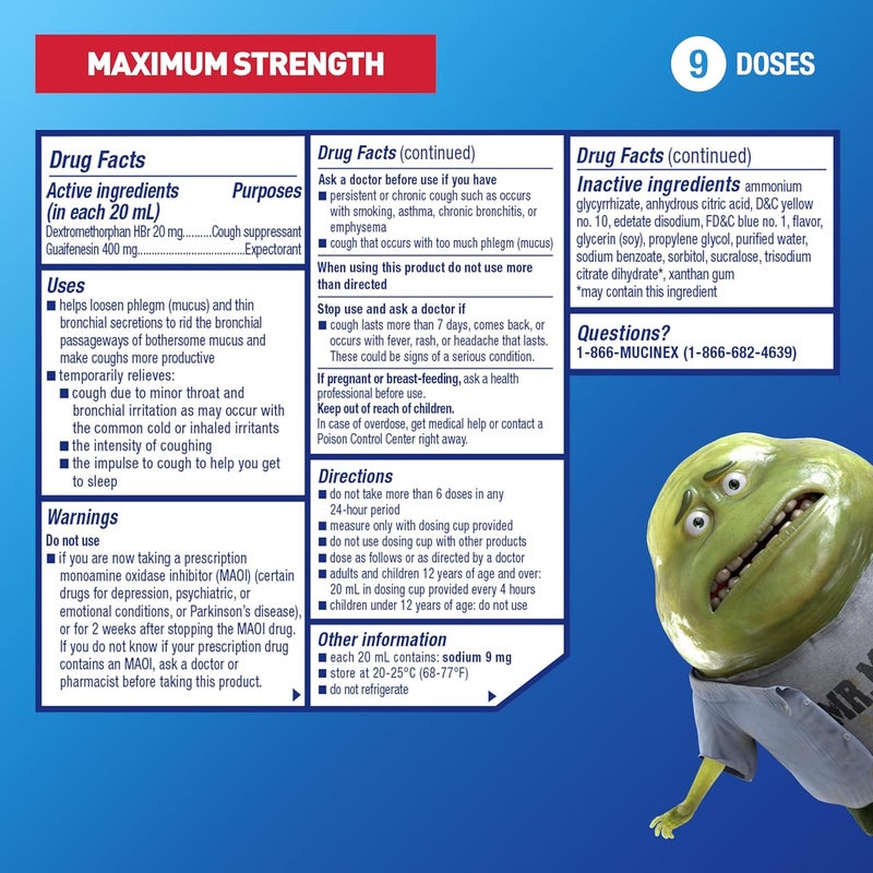 MUCINEX سائل كحة فاست ماكس كيكستارت للاحتقان الشديد بتركيز قوي دكستروميثورفان HBr لدواء الكحة للبالغين جوايفينيسين لتخفيف المخاط الزائد بنكهة المنثول 6 أونصات سائلة - Image 2