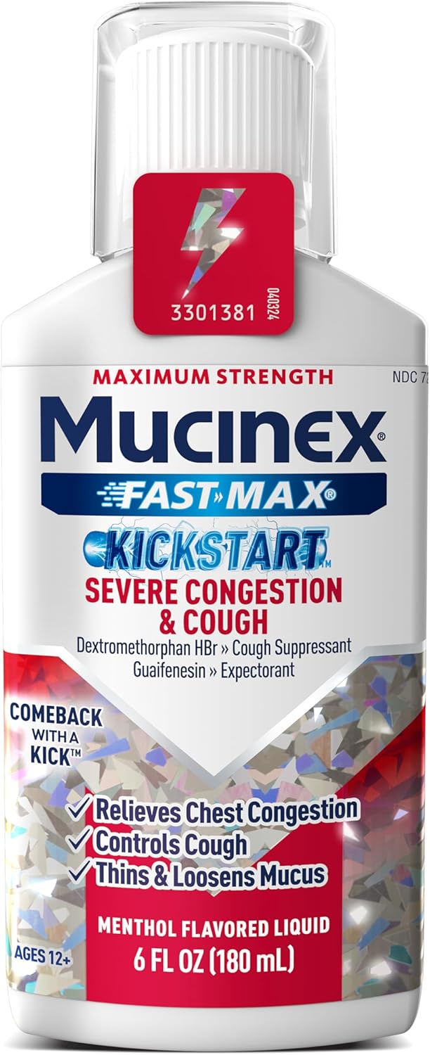 MUCINEX سائل كحة فاست ماكس كيكستارت للاحتقان الشديد بتركيز قوي دكستروميثورفان HBr لدواء الكحة للبالغين جوايفينيسين لتخفيف المخاط الزائد بنكهة المنثول 6 أونصات سائلة - Image 1